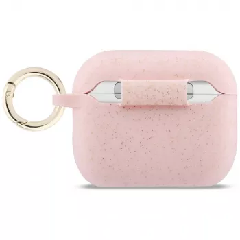 Guess Silikónové puzdro s ligotavým krúžkom pre AirPods Pro 3, ružová