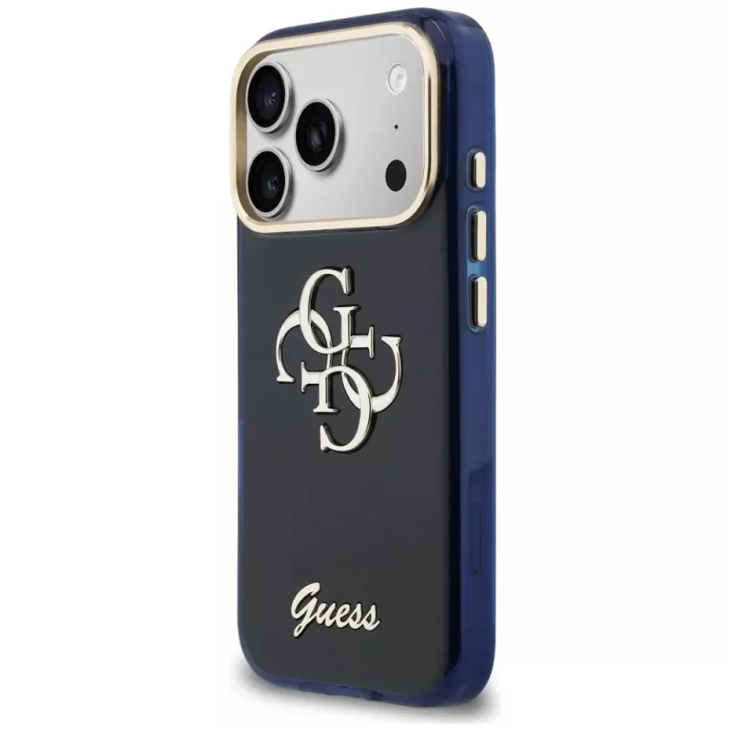 Guess IML 4G Script Metal puzdro pre Apple iPhone 17 Pro, modrá