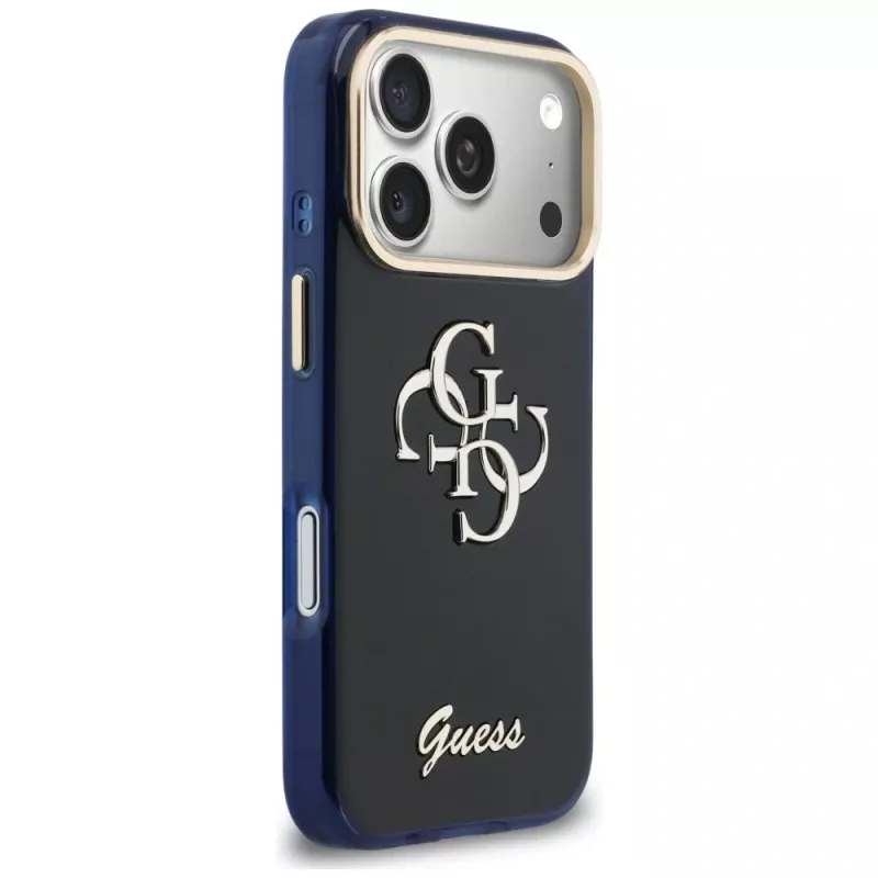 Guess IML 4G Script Metal puzdro pre Apple iPhone 17 Pro, modrá
