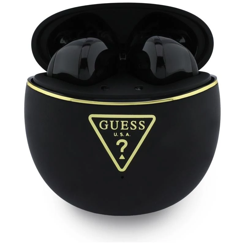 Guess Gold Line Triangle TWS Bluetooth slúchadlá s nabíjacím puzdrom (čierne)