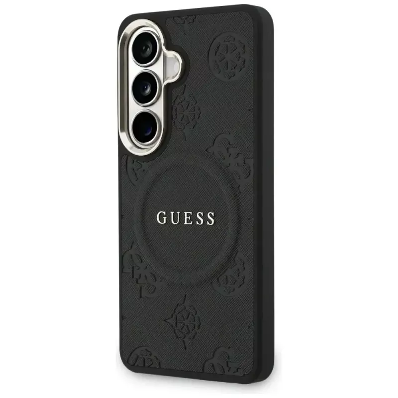 Guess Saffiano Peony Embossed Ring MagSafe puzdro pre Samsung Galaxy S26 čierne