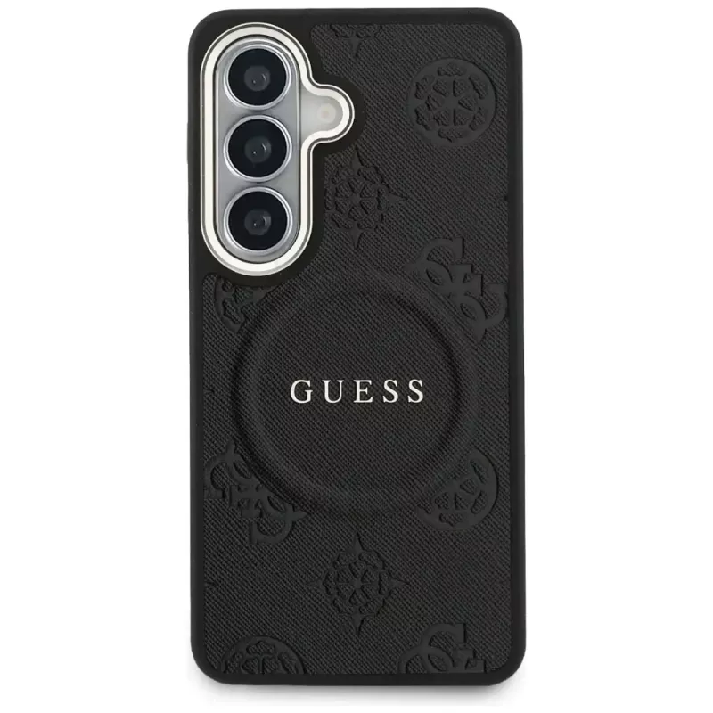 Guess Saffiano Peony Embossed Ring MagSafe puzdro pre Samsung Galaxy S26 čierne