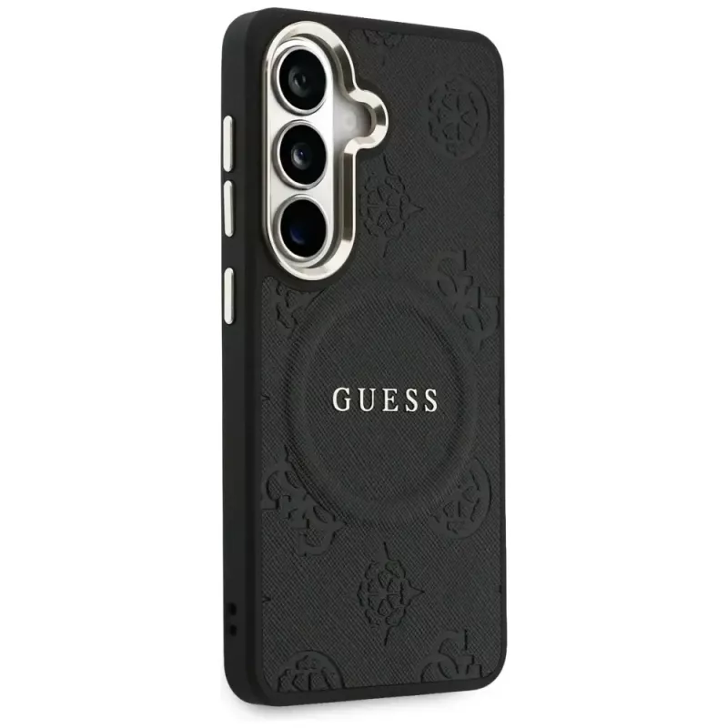 Guess Saffiano Peony Embossed Ring MagSafe puzdro pre Samsung Galaxy S26 čierne