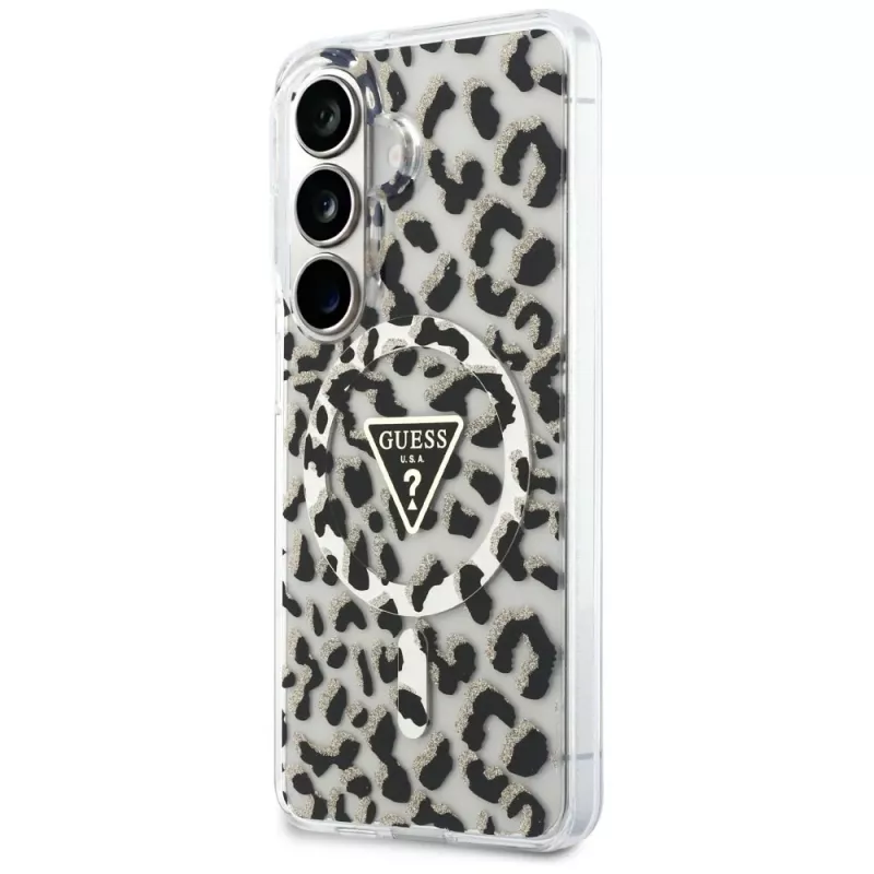 Guess IML Leopard Print Triangle MagSafe puzdro pre Samsung Galaxy S26, čierne