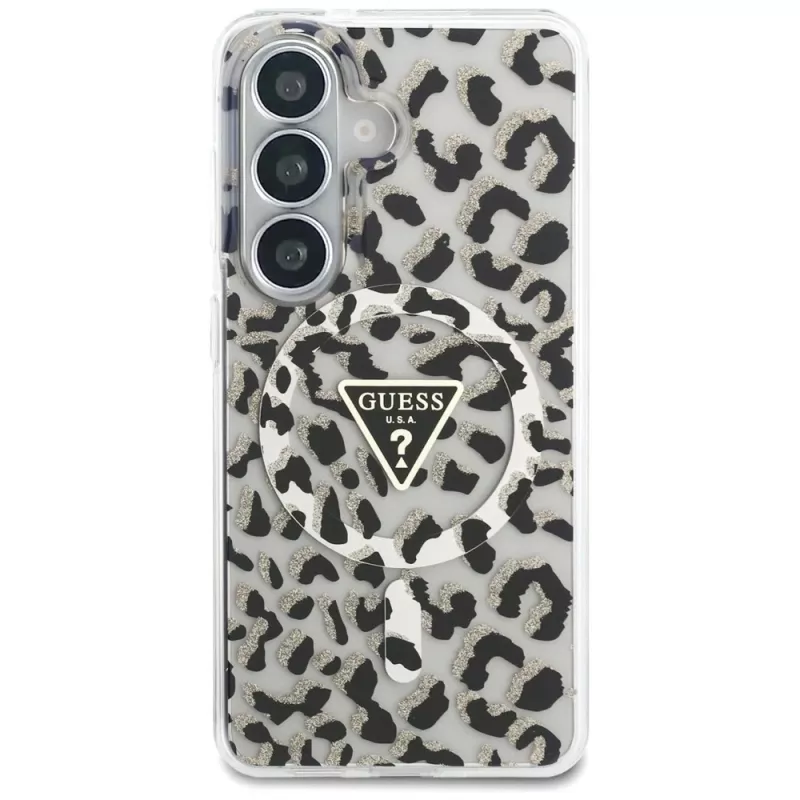 Guess IML Leopard Print Triangle MagSafe puzdro pre Samsung Galaxy S26, čierne