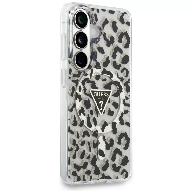 Guess IML Leopard Print Triangle MagSafe puzdro pre Samsung Galaxy S26, čierne