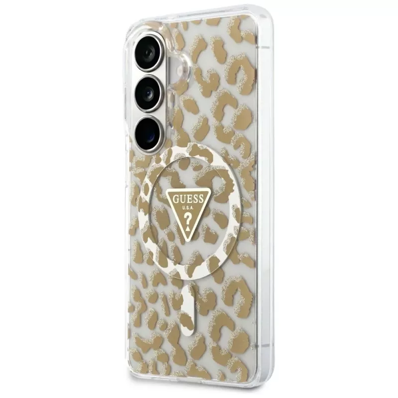 Guess IML Leopard Print Triangle MagSafe puzdro pre Samsung Galaxy S26 (hnedé)