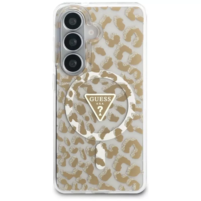 Guess IML Leopard Print Triangle MagSafe puzdro pre Samsung Galaxy S26 (hnedé)