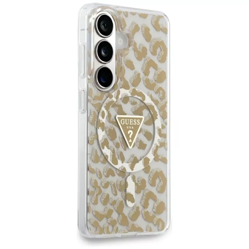 Guess IML Leopard Print Triangle MagSafe puzdro pre Samsung Galaxy S26 (hnedé)