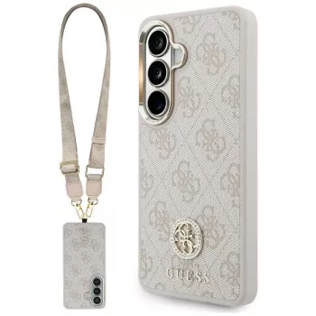 Guess 4G Big Rhinestone Triangle Strap MagSafe puzdro na telefón a sada so šnúrkou pre Samsung Galaxy S26, ružová