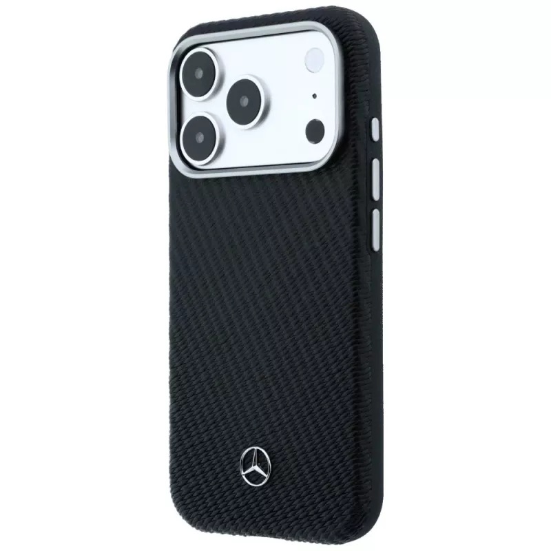 Kožené puzdro Mercedes-Benz Semi Wrap s efektom dreva MagSafe pre iPhone 17 Pro Max, čierne