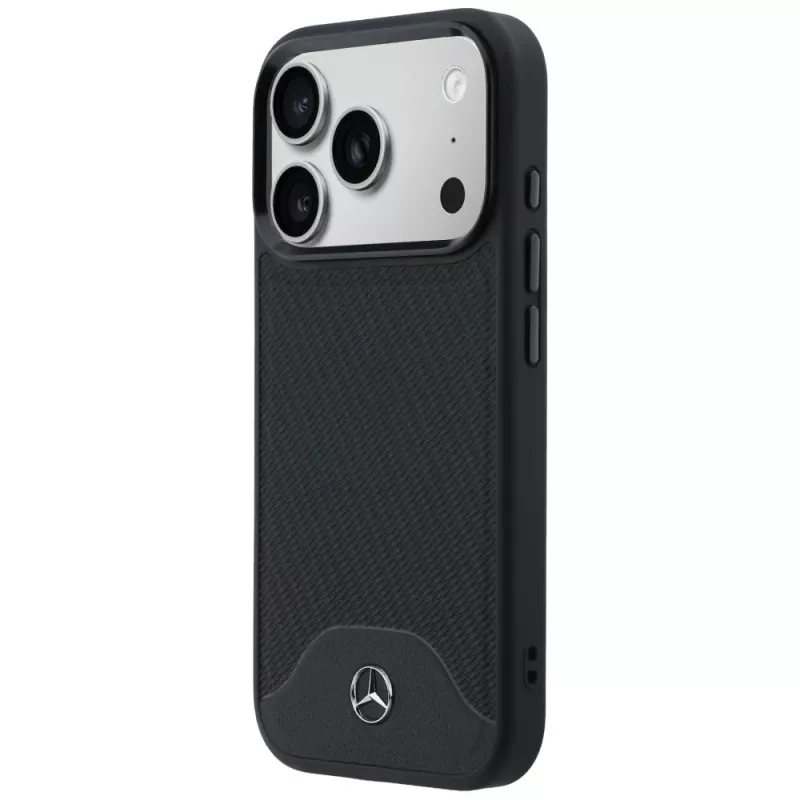 Kožené puzdro Mercedes-Benz s efektom dreva a Curve MagSafe pre iPhone 17 Pro, čierne