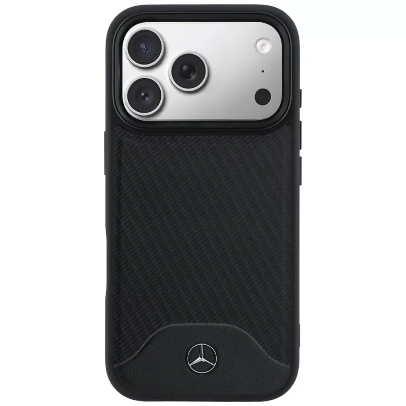 Kožené puzdro Mercedes-Benz s efektom dreva a Curve MagSafe pre iPhone 17 Pro, čierne