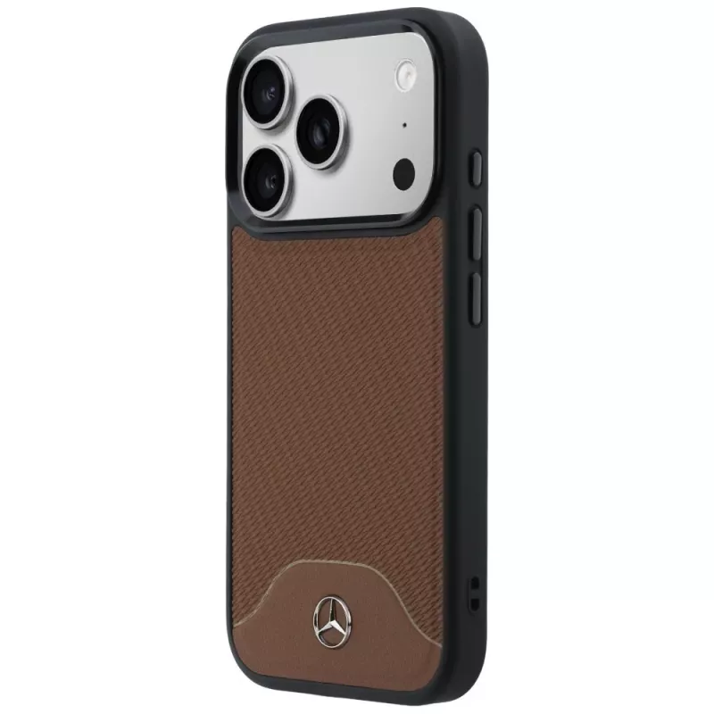 Mercedes kožené puzdro s efektom dreva a krivkami MagSafe pre iPhone 17 Pro, Camel