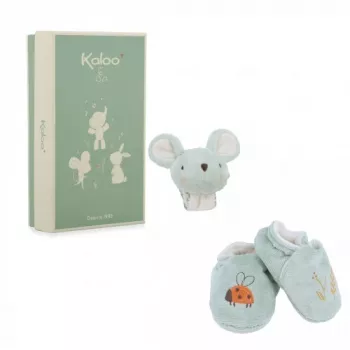 Kaloo 2-in-1 darčeková sada myš (hrkálka + capáčiky) kolekcia Petites Chansons