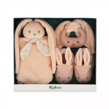 Kaloo 3-in-1 detská darčeková sada králik (plyšová plienka + hryzátko + capáčiky) broskyňová Lapinoo