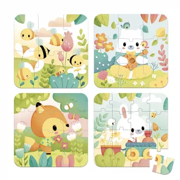 Janod Pure Progressive Puzzle Set v kufríku – Zvieratá – 4 puzzle (6, 9, 12, 16 dielikov) – od 2 rokov – vyrobené vo Francúzsku