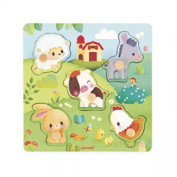 Janod Pure Senzorické drevené puzzle Zvieratá z farmy 7 dielov