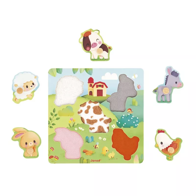 Janod Pure Senzorické drevené puzzle Zvieratá z farmy 7 dielov