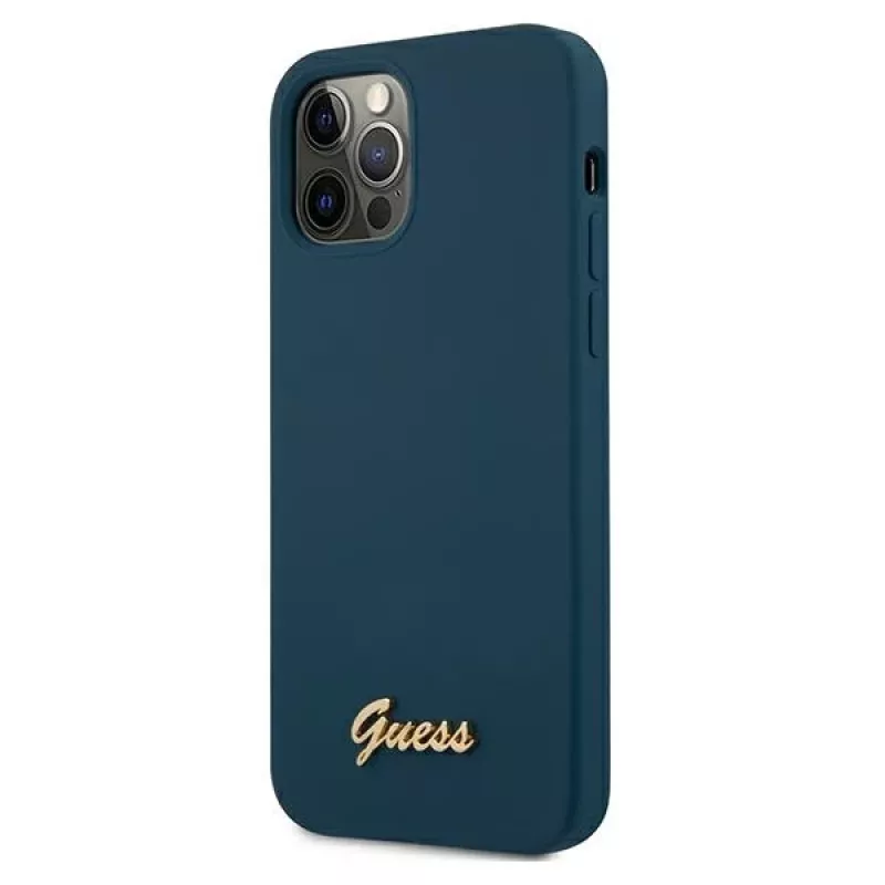 Guess GUHCP12LLSLMGBL pevný kryt Metal Logo Script pre Apple iPhone 12 Pro Max, modrý