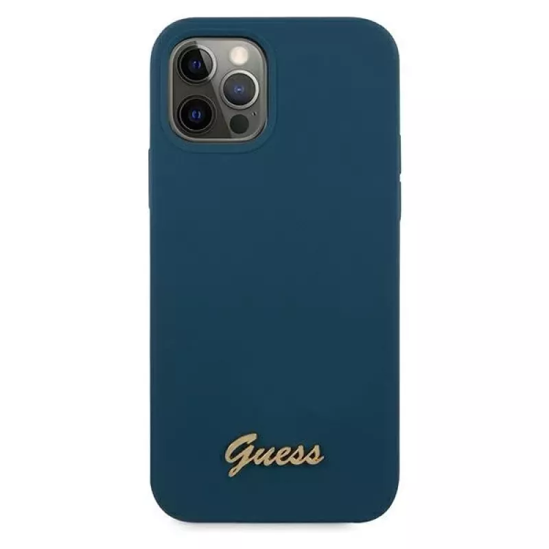 Guess GUHCP12LLSLMGBL pevný kryt Metal Logo Script pre Apple iPhone 12 Pro Max, modrý