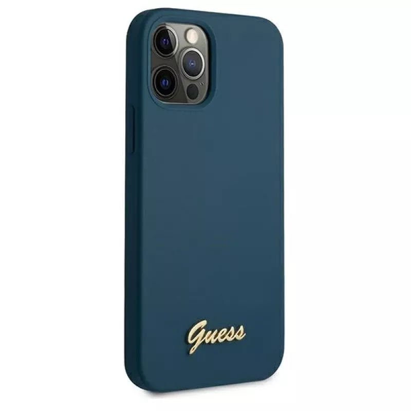 Guess GUHCP12LLSLMGBL pevný kryt Metal Logo Script pre Apple iPhone 12 Pro Max, modrý
