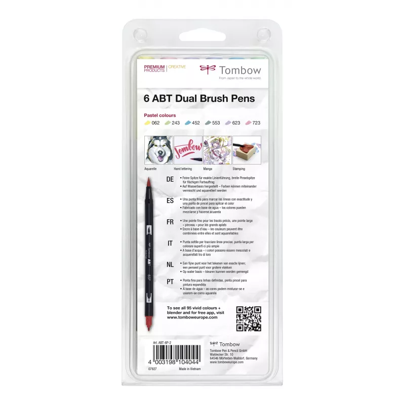 Tombow ABT-6P-2 Dual Brush Pen sada - 6 farieb - jemný hrot a štetčekový hrot - viacfarebná