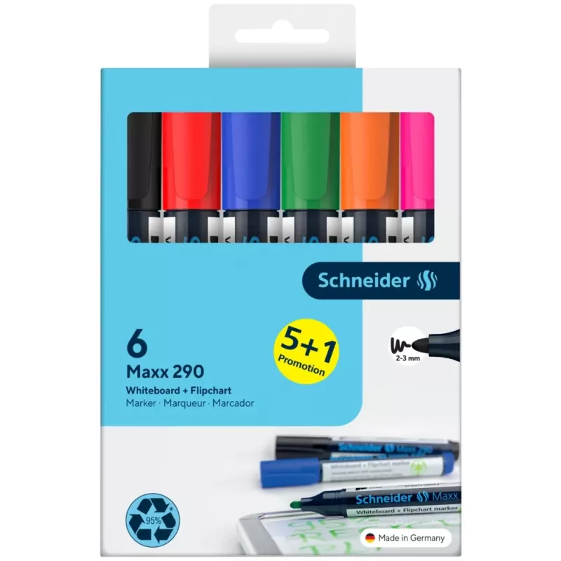 Schneider Maxx 290 sada fixiek na bielu tabuľu a flipchart, 6 ks, rôzne farby, 2,0 - 3,0 mm