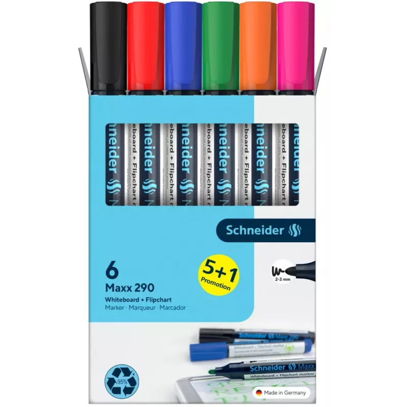 Schneider Maxx 290 sada fixiek na bielu tabuľu a flipchart, 6 ks, rôzne farby, 2,0 - 3,0 mm