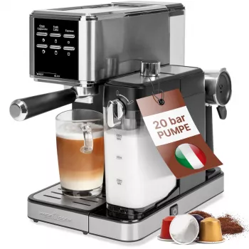 PROFI COOK PC-ES-KA 1266 kávovar na espresso s pákovým systémom a kapsulovým systémom, 20 bar, 1450 W, čierna/strieborná
