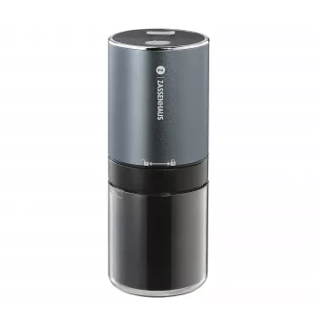Zassenhaus Mini Master USB mlynček na kávu, kužeľový keramický mlecí mechanizmus, nabíjateľný, čierna/strieborná