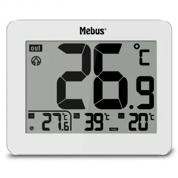 MEBUS 1074 digitálny teplomer s vnútornou a vonkajšou teplotou, LCD displej, montáž na stenu, biela