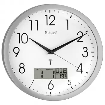 Mebus 19422 rádiom riadené nástenné hodiny, analógové, biely ciferník, strieborné puzdro, 30 cm