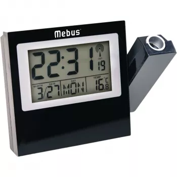 MEBUS 42424 Projekčný budík s rádiovým riadením DCF77, červená LED projekcia, LCD displej, duálny alarm, vnútorná teplota, modré podsvietenie, čierna
