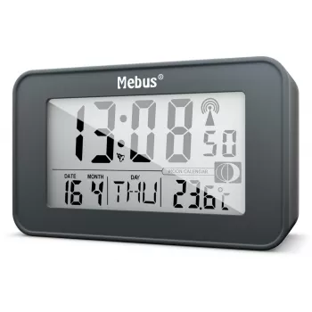 Mebus 51460 Digitálny rádiový budík s DCF77 rádiovou synchronizáciou času, LED displej, duálny alarm, funkcia odloženia, vnútorná teplota, čierny