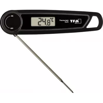 TFA THERMO JACK TASTE digitálny kuchynský teplomer s časovačom a alarmom, nerezová sonda, 160 mm, -50 až +300 °C, LCD displej, čierna/biela