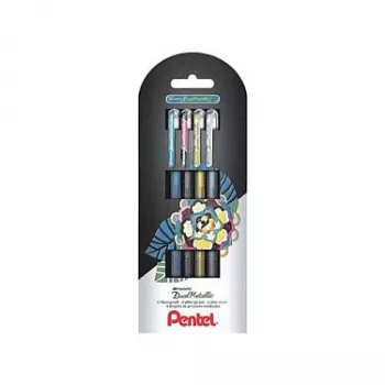 Pentel Dual Metallic gélové pero sada - 4 perá (čierna, modrá, zlatá, strieborná) - 0,5 mm - blister