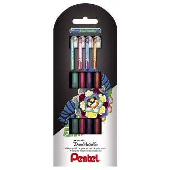 Pentel Dual Metallic gélové pero sada - 4 farby (zelená, oranžová, ružová, fialová) - 0,5 mm jemný hrot - plastové puzdro - blister
