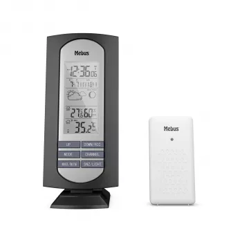 MEBUS 11146 rádiová meteostanica s vonkajším senzorom, LCD displej, DCF77 rádiové hodiny, monitor teploty a vlhkosti, predpoveď počasia, fáza mesiaca, budík, funkcia odloženia, podsvietenie, montáž na stenu, čierna
