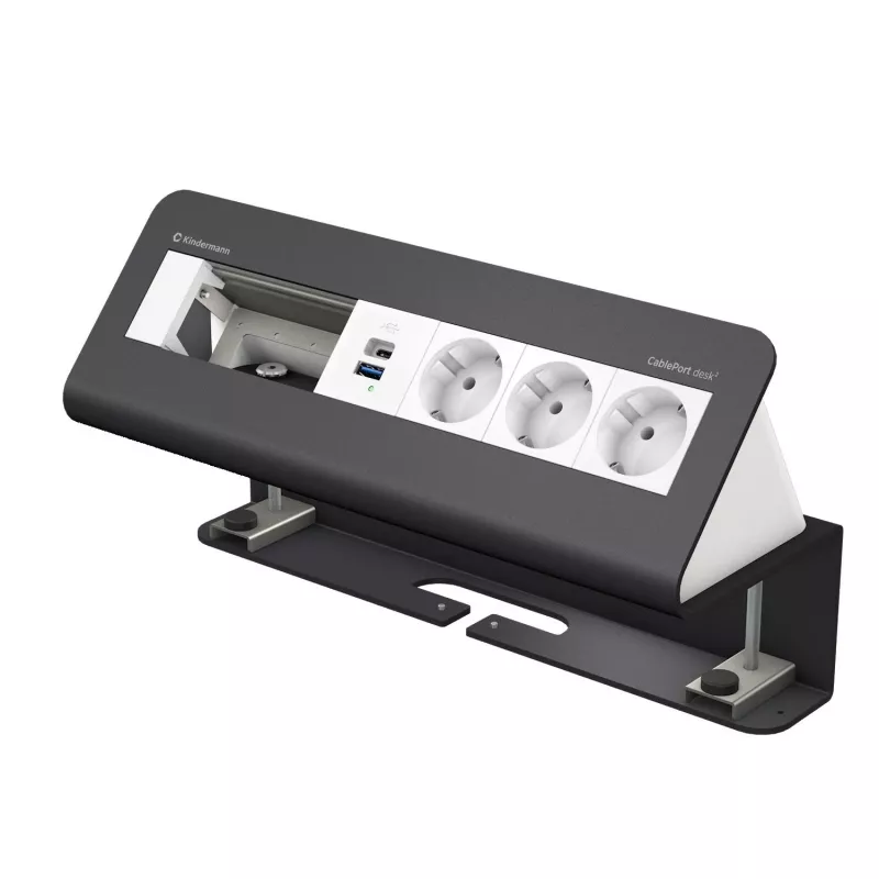 Kindermann CablePort desk 6-násobný 3x Schuko 2x USB-A stolový prípojný modul strieborná/čierna