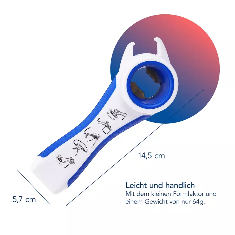 First Aid Only 5-in-1 multiotvárač na fľaše a konzervy, biely/modrý, znižuje námahu