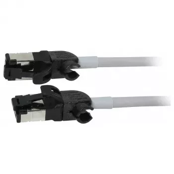 Synergy21 patch kábel RJ45, CAT6A 500MHz, 1,5m, sivý, S/FTP, Slimline okrúhly d=4,5mm, TPE/LSZH (Superflex), AWG28, s CAT7 surovým konektorom, otočný konektor