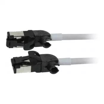 Synergy21 patch kábel RJ45, CAT6A 500MHz, 2m, sivý, S/FTP, Slimline okrúhly d=4,5mm, TPE/LSZH (Superflex), AWG28, s CAT7 surovým konektorom, otočný konektor