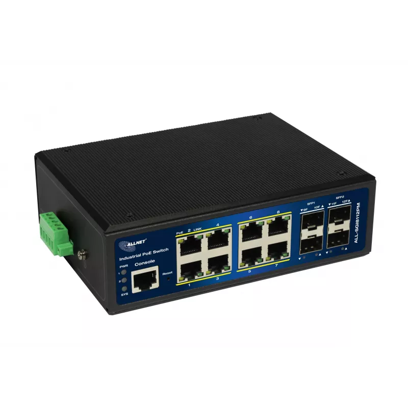 ALLNET ALL-SGI8112PM-BT Industrial Full Managed Layer2+ Gigabit Ethernet PoE++ Switch, 12-Port, 8x PoE++ (240W Budget)