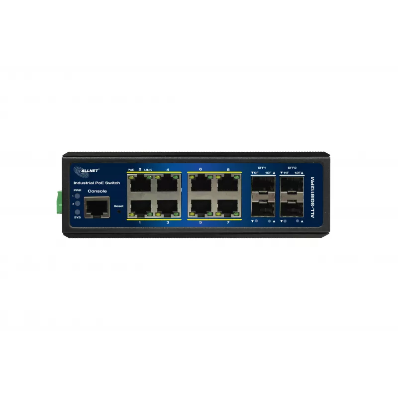 ALLNET ALL-SGI8112PM-BT Industrial Full Managed Layer2+ Gigabit Ethernet PoE++ Switch, 12-Port, 8x PoE++ (240W Budget)