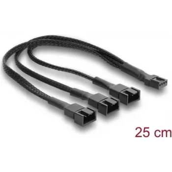 Delock rozbočovač kábla ventilátora 1 x 4-pin PWM konektor samica na samec + 2 x 4-pin (3 piny zapojené) konektor samec s opleteným obalom 25 cm čierny