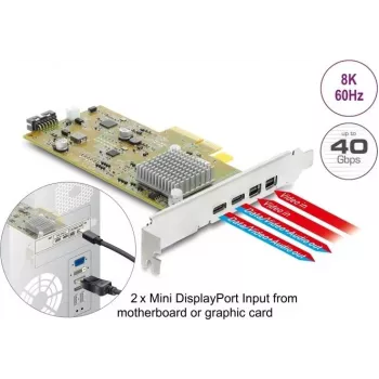 Delock PCI Express x4 karta na 2 x externý USB Type-C 40 Gbps (DP Alt Mode) konektor samica – Low Profile formát