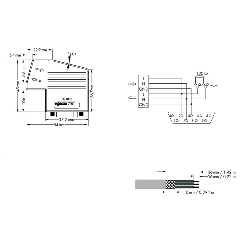 WAGO 750-963 D-Sub pripojovací modul, 9-pólový konektor samica, sivý, IP20, pre WAGO I/O System 750