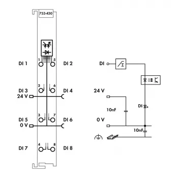 WAGO 753-430 - 8-kanálový digitálny vstupný modul, 24 VDC, 5 kV izolácia, CAGE CLAMP, DIN lišta