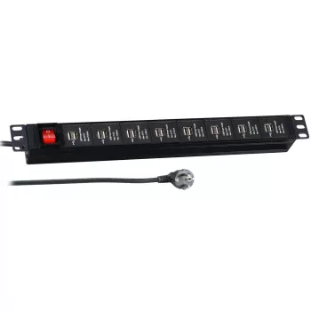 EFB Elektronik 19 inch 1U rackový USB nabíjací PDU - 16 USB portov, CEE 7/7 vstup, čierna